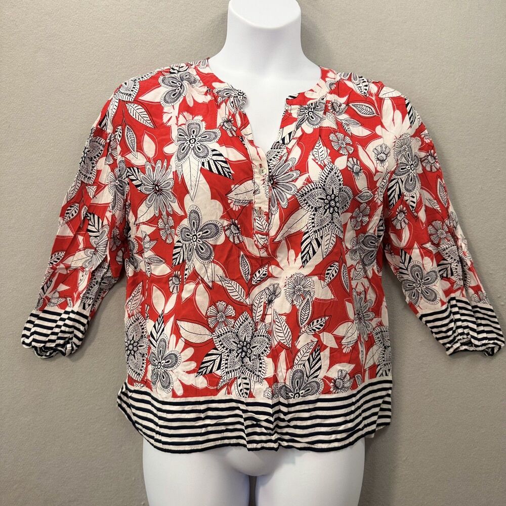 Ruby Rd. Women's Red Black White Floral Striped Border Size L
